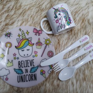 kids plate set, unicorn, personalised, custom, cutlery